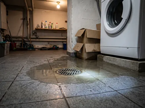 Bodenablauf im Keller, ringsum steht Wasser